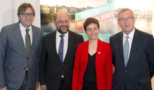 Претендентите за председател на следващата Европейска комисия: Ги Верхофстат (л), Мартин Шулц, Франциска Келер, Жан-Клод Юнкер