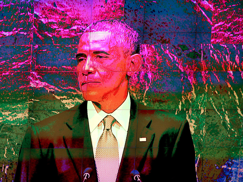 Видеоекран, на който се вижда американският президент Барак Обама докато произнася реч на 69-ата сесия на Общото събрание на ООН в Ню Йорк, 24 септември