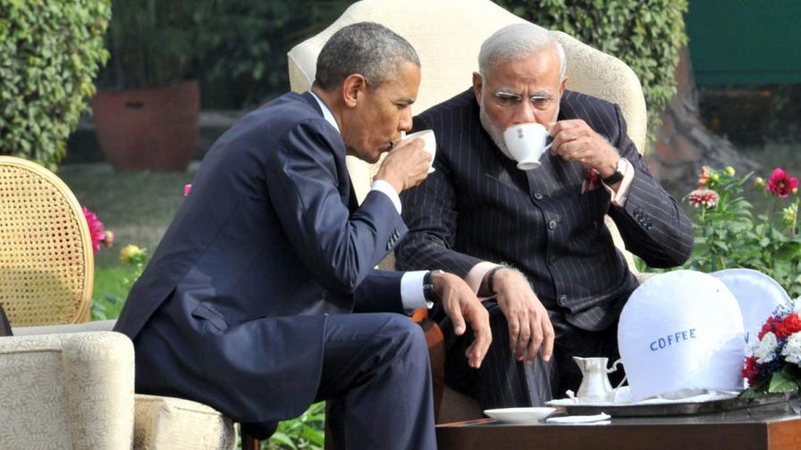 Американският президент Барак Обама и индийският премиер Нарендра Моди се наслаждават на кафето си