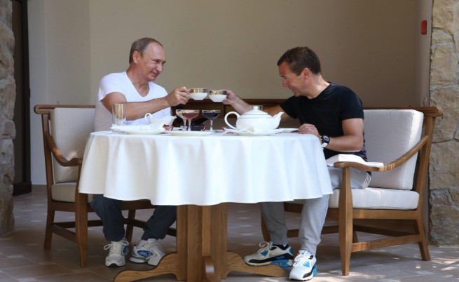 Владимир Путин и Дмитрий Медведев след тренировката