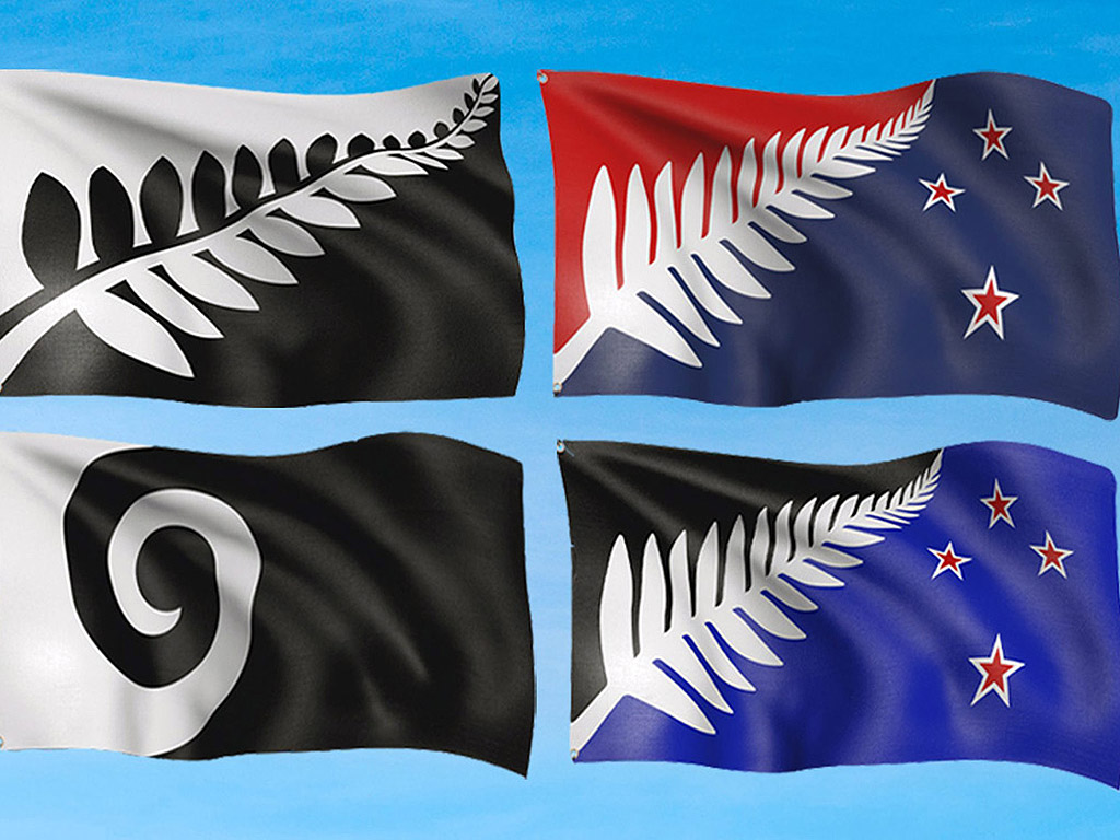 Комбинирана снимка показва последните четири проекта за нов флаг на Нова Зеландия. Новият флаг на страната ще бъде избран от обществеността в Нова Зеландия след провеждането на референдум по-късно тази година.