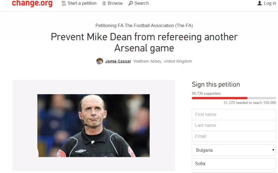 Феновете на Арсенал до Парламента с петиция против Майк Дийн