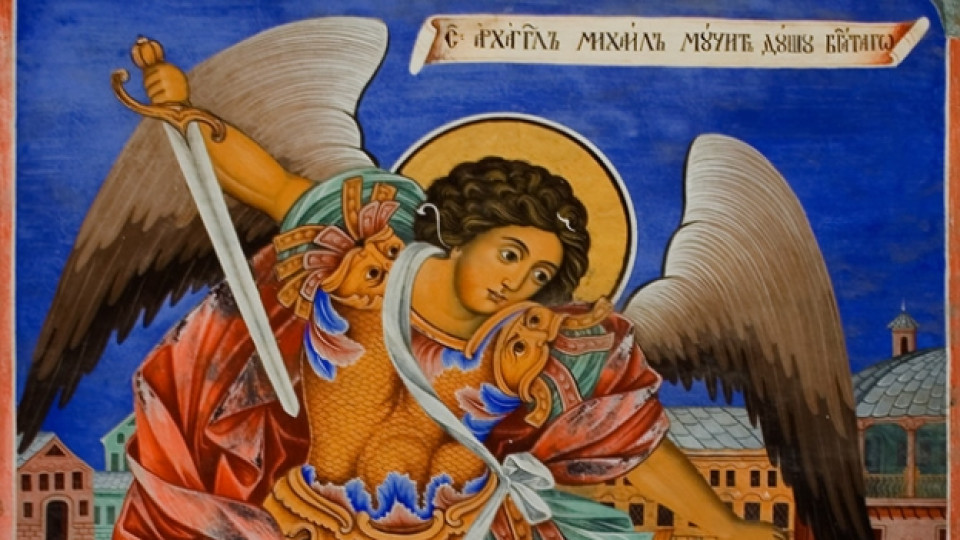 Св. Архангел Михаил взима душата на богатия. Стенопис от Рилския манастир