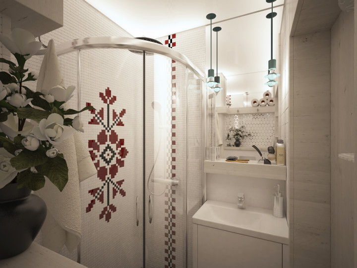 Баня "Традиция"/Явор Шуманов: Единствената баня в маломерно жилище е преустроена, така че да доставя необходимия комфорт на обитателите си. Обособяването на мокра и суха зона, освен очевидните предимства, позволява и разполагане на мебели за съхранение.