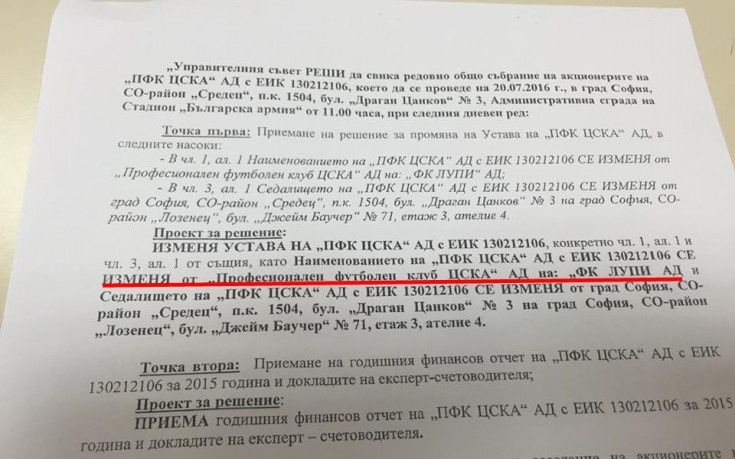 ПФК ЦСКА АД ще става ФК Лупи АД