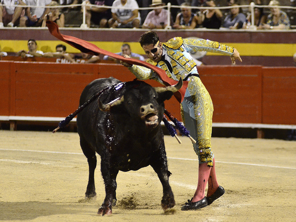 Испанския тореадор Хуан Хосе Падиля по време на корида в арена Coliseo Balear в Палма де Майорка, Балеарските острови, Испания.