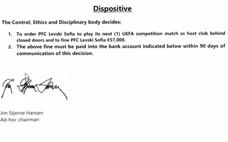 Тежка санкция за Левски: Мач без публика в Европа и яка глоба