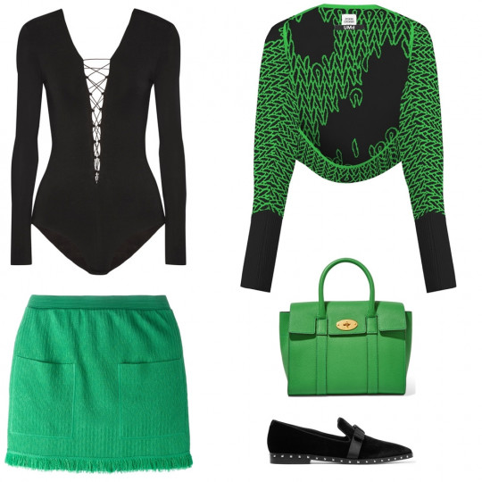 Black&Greenery; – очаквано силна комбинация: Светлината в „зеленина“ е в съвършен контраст с тъмнината на черното. Комбинацията е рязка и отчетлива. Един до друг двата цвята разкриват най-красивото от себе си. Непременно контрастирайте чантата и обувките – единият аксесоар да е черен, а другият „greenery“.
