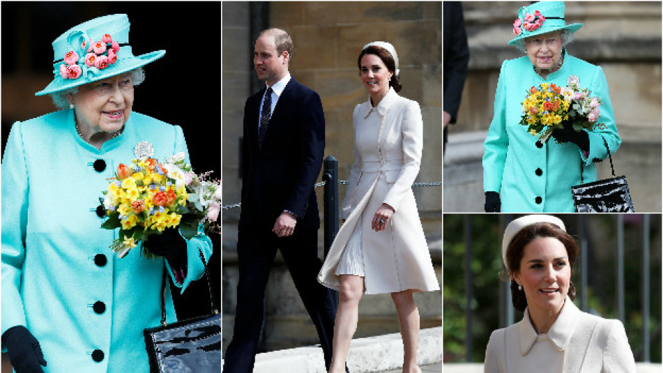 Кейт сияе в кремаво, Елизабет II в синьо: как кралското семейство посрещна Великден