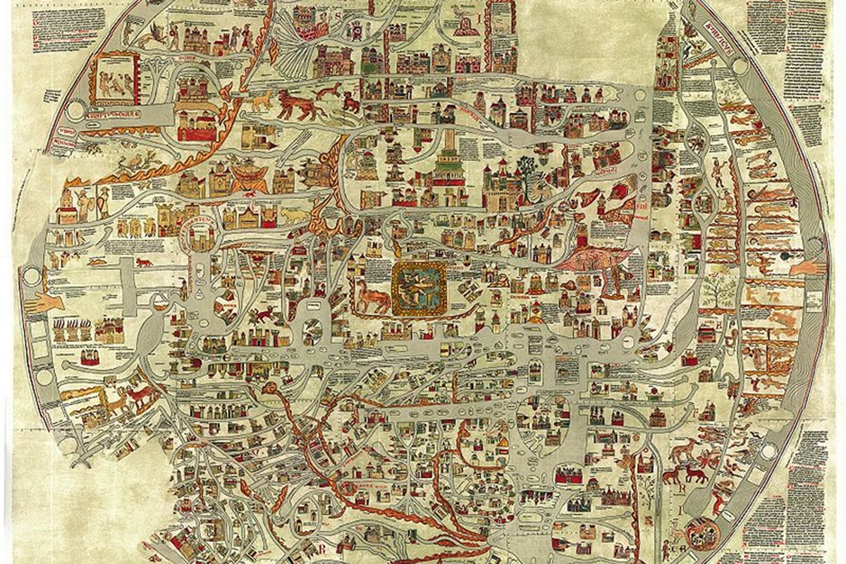 <p>Картата на Ебсторфе от XIII в. и се базира върху средновековните &bdquo;Т и О&ldquo; карти, в които Йерусалим е център на света. Декорирана е с илюстрации от Библията.</p>