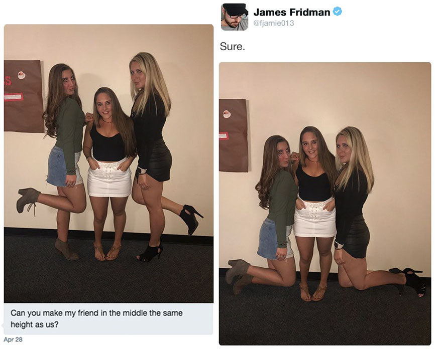 Те помолиха приятелката им в средата на снимката да е същата височина като тях.