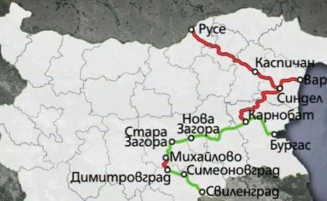  ЖП-коридорът към Солун в българската му част. В алено са секторите, които би трябвало да се изградят и модернизират 