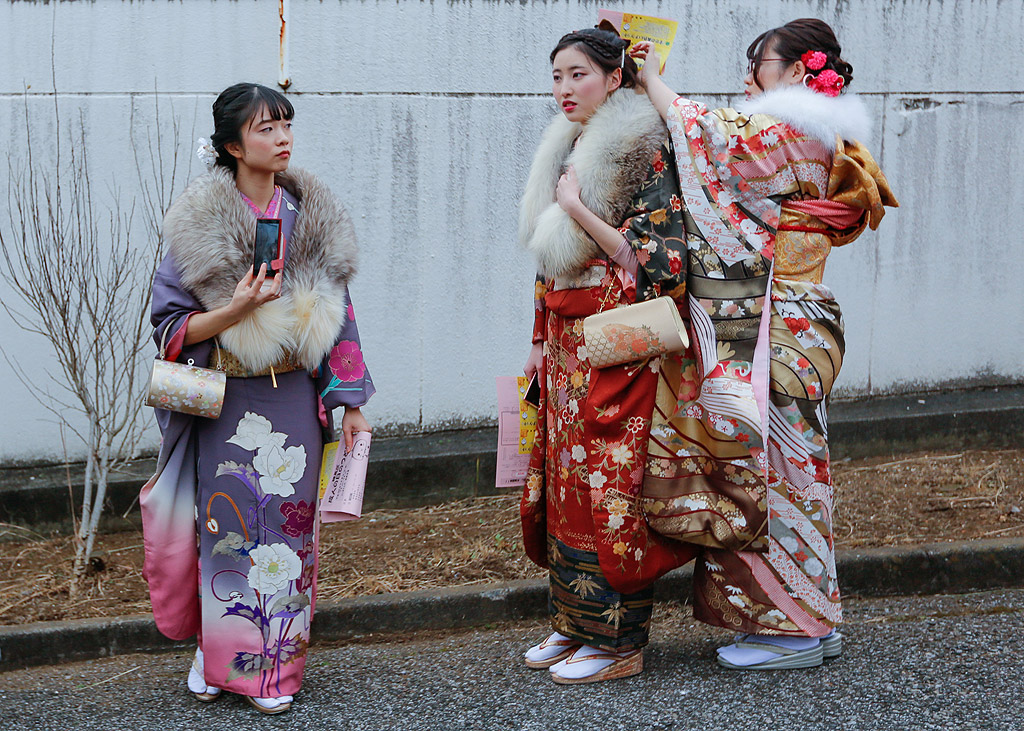 Млади японски жени, облечени в колоритни кимона, отбелязват "Денят на пълнолетието" в увеселителен парк "Тошимаен" в Токио, Япония. Всеки втори понеделник на януари в Япония се чества Денят на пълнолетието - празник за младежите които стават на 20-години, които в Япония се считат за начало на зрялост. Доcтигането на пълнолетие дава право на младежите не само да гласуват, но и да пушат и да консумират алкохол