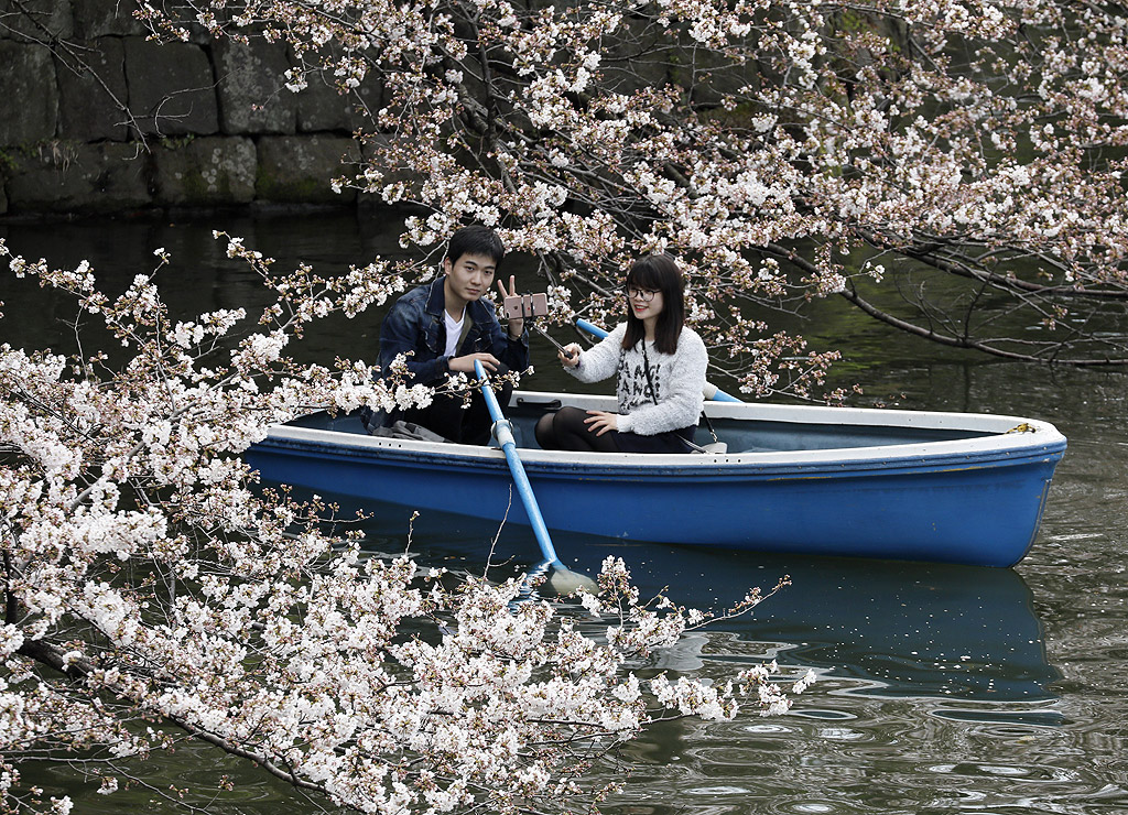 Разходка с лодка сред цъфналите черешови дръвчета в парк в японската столица Токио.