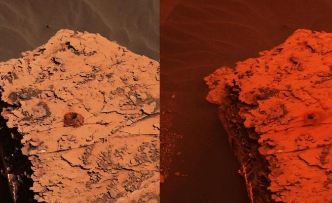  Снимка от марсохода Curiosity, която демонстрира разликите в равнището на слънчевата светлина по отношение на преди бурята да стартира (вляво) и когато тя е в разгара си на 17-ти юни 2018 година 