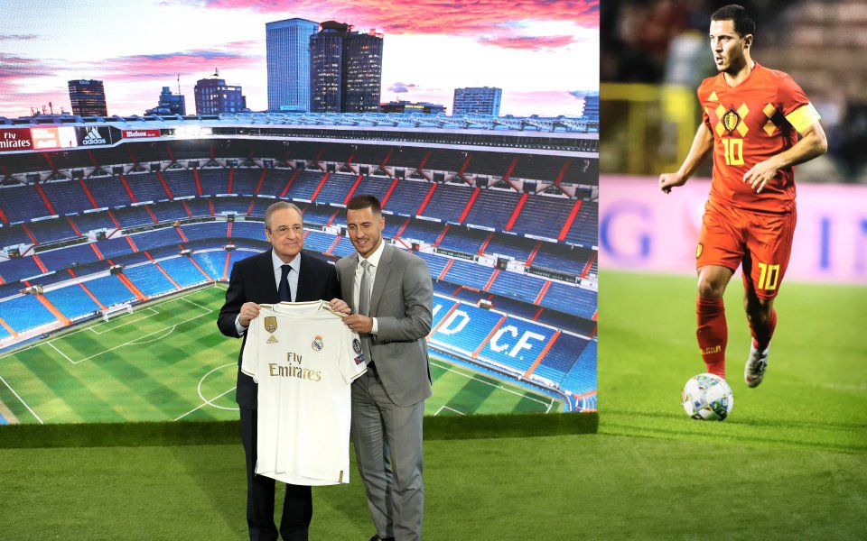 Президентът на Реал Мадрид приветства новото попълнение Еден Азар. Босът