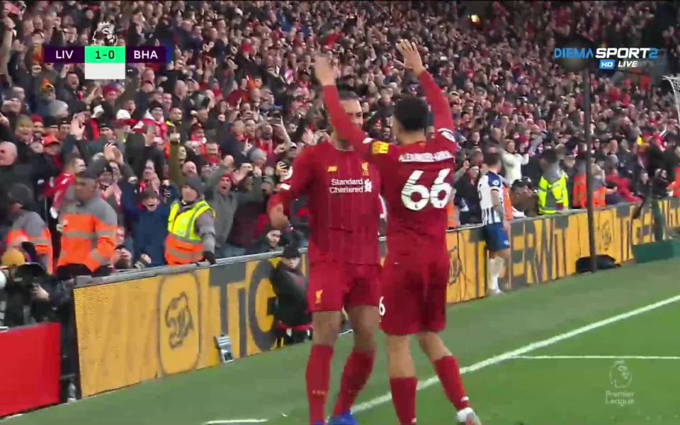 Върджил ван Дайк реализира втори гол във вратата на Брайтън,