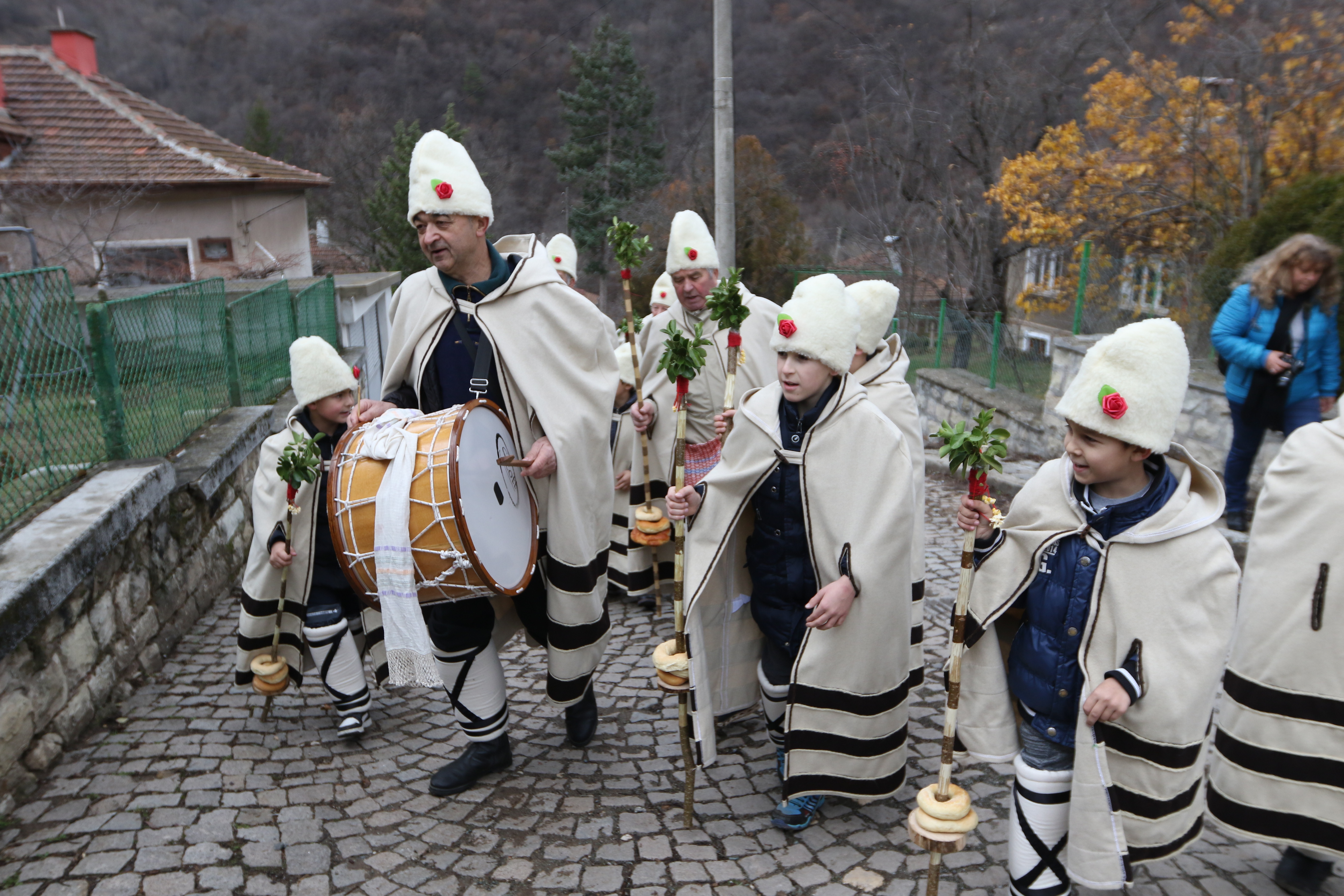 Облечените празнично коледари са с накичени с китки калпаци, а в ръцете си носят „шарени тояги”.