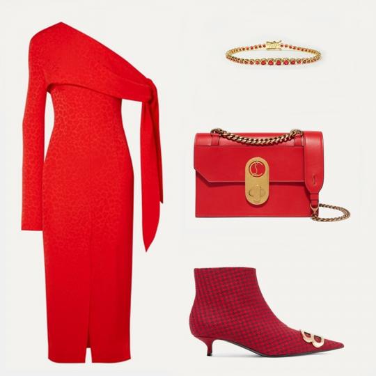 <p><b>Страстно червено</b><br />
Цветът на страстта, дързостта и провокацията е за смели дами с изтънчен вкус. Те никога и никъде не остават незабелязани, още по-малко в новогодишната нощ. Цялостен стайлинг в червено от рокля под коляното с едно рамо Materiel, боти с котешки ток Balenciaga, чанта със синджир Christian Louboutin и златна гривна с рубини Jennifer Meyer.</p>