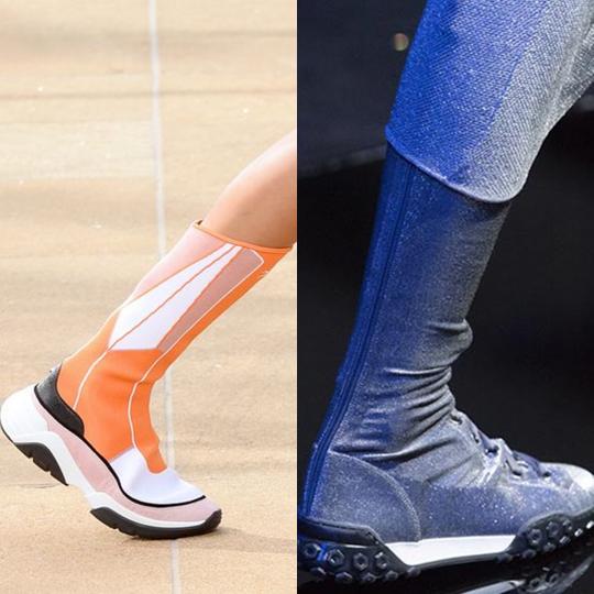 <p><b>Маратонки с чорап</b><br />
Маратонката продължава в ботуш с ластичен чорап в горната част. Моделът съчетава удобството на сникърсите с визията на ботушите.</p>