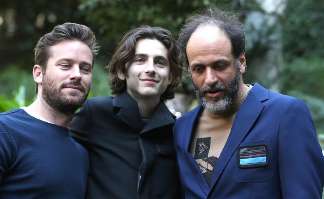  Режисьорът Лука Гуаданино с актьорите Тимъти Шаламе и Арми Хамър 