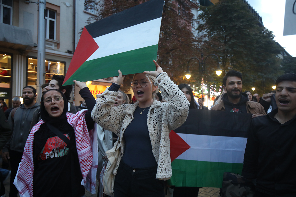 <p>Стотици се събраха на протест в защита на палестинския народ в центъра на София тази вечер</p>