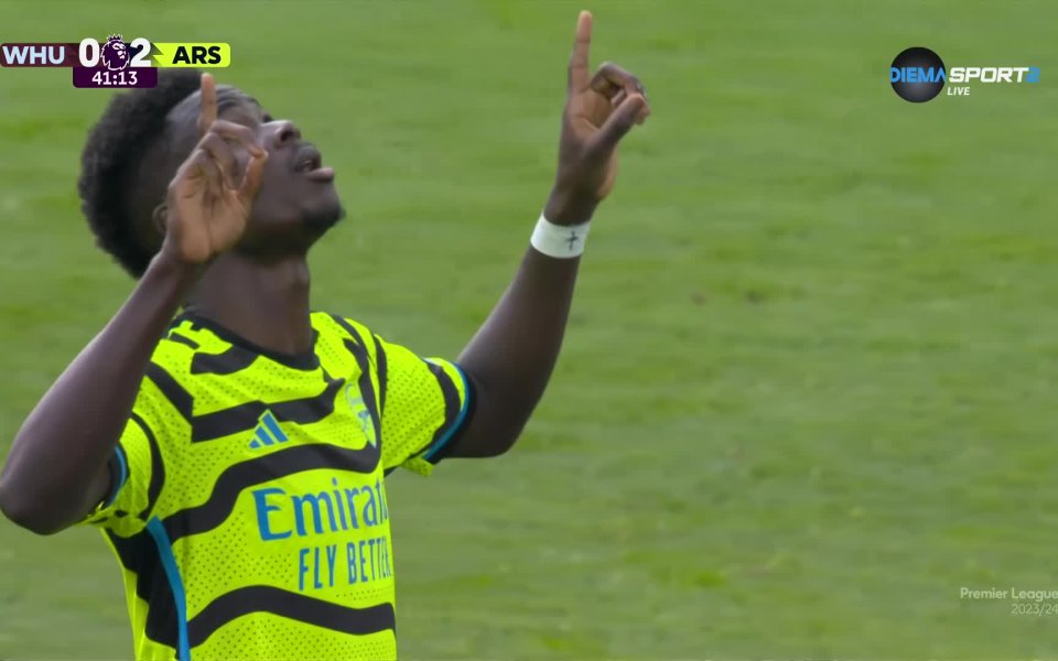 Букайо Сака удвои преднината на Арсенал срещу Уест Хем след