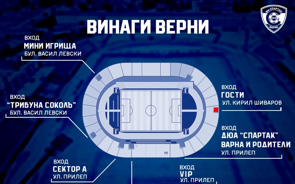 Стадион Спартак“ ще бъде достъпен чрез шест входа за двубоя