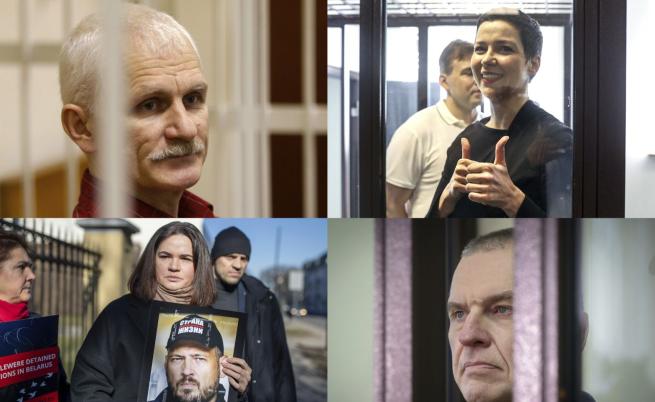  Отляво надясно: създателят на правозащитната група Вясна и притежател на Нобелова премия за мир Алес Беляцки, беларуската опозиционна активистка Мария Колесникова, журналистът Анджей Почобут и лидерката на беларуската съпротива Светлана Тихановска, с портрет на брачна половинка си Сергей Тихановски, който е в пандиза 