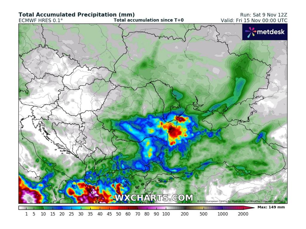 Прогнозиран сумарен валеж за периода 10-15 ноември според ECMWF