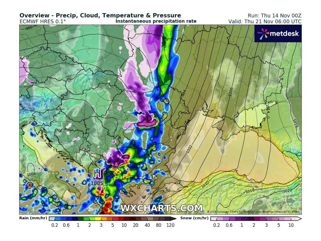 Студен атмосферен фронт на 21 ноември според ECMWF