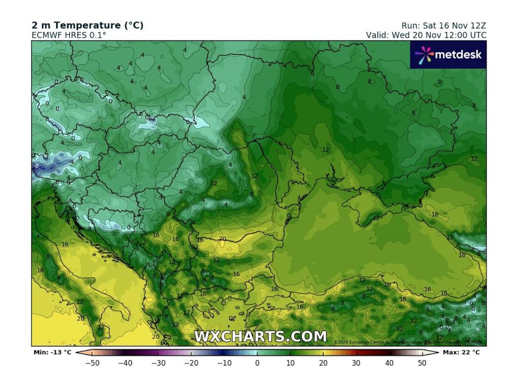 Дневни температури в сряда според ECMWF