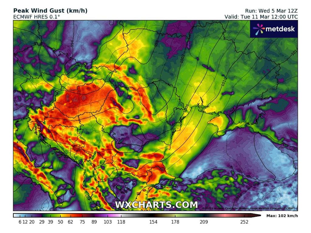 Мощни топли фьонови пориви според ECMWF