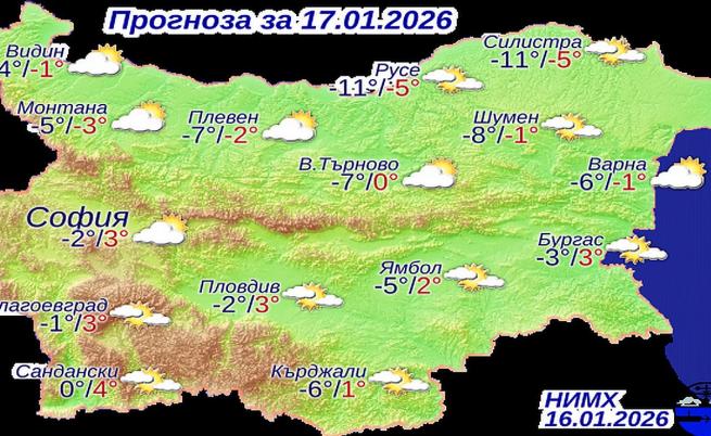 Прогнозните температури за събота (17 януари) според НИМХ