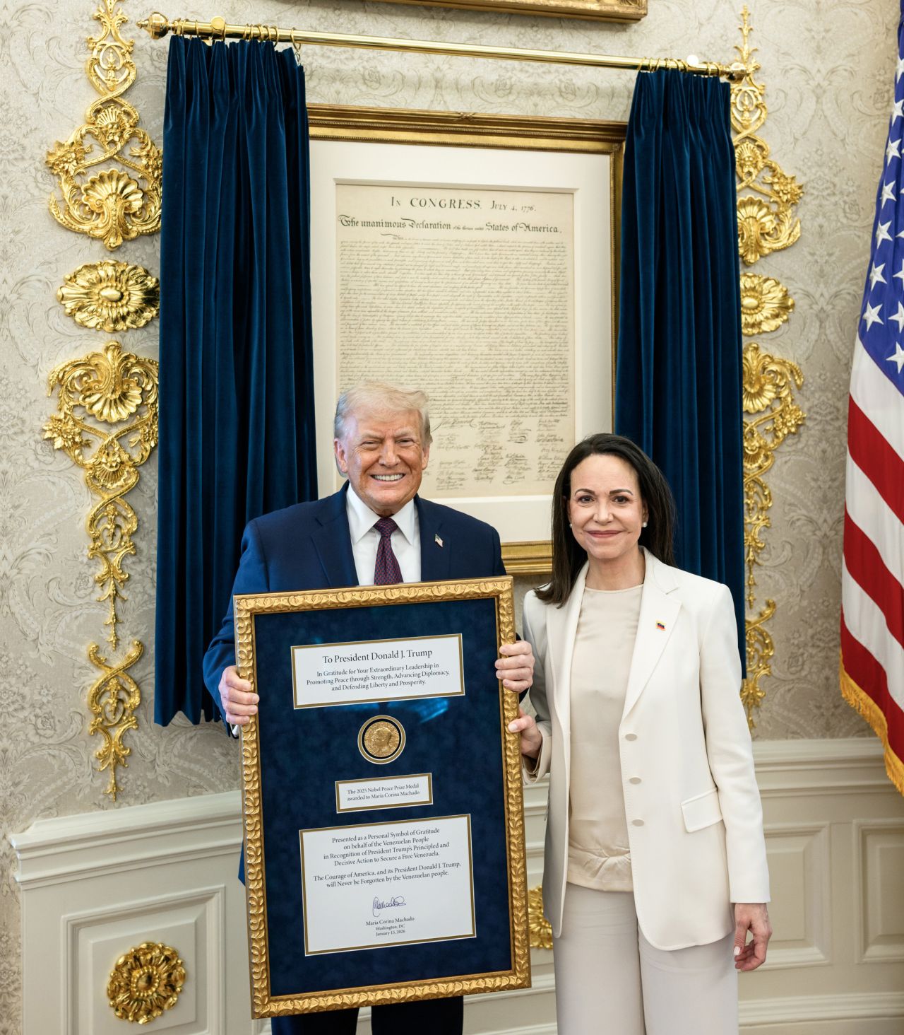 <p><strong>15 януари 2026: Нобеловата награда на венецуелската опозиция</strong> В един от последните ключови моменти, венецуелската опозиционна лидерка Мария Корина Мачадо връчи на Тръмп своята Нобелова награда за мир в Овалния кабинет. Въпреки че Тръмп позира усмихнат с наградата, Нобеловият комитет излезе с изявление, че отличието остава неразривно свързано с личността на лауреата.</p>