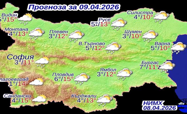 Прогнозни температури на НИМХ за четвъртък, 9 април