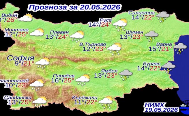 Прогнозни температури на НИМХ за сряда, 20 май