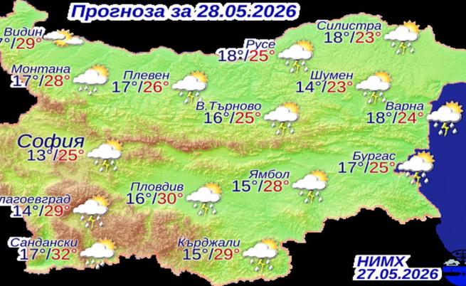 Прогнозни темепратури на НИМХ за четвъртък, 28 май