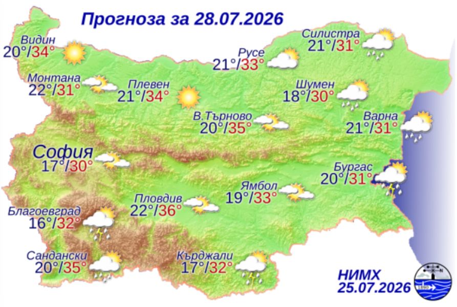 На снимката е показана метеорологична карта с прогнозата за времето за 27 юли 2026 г.