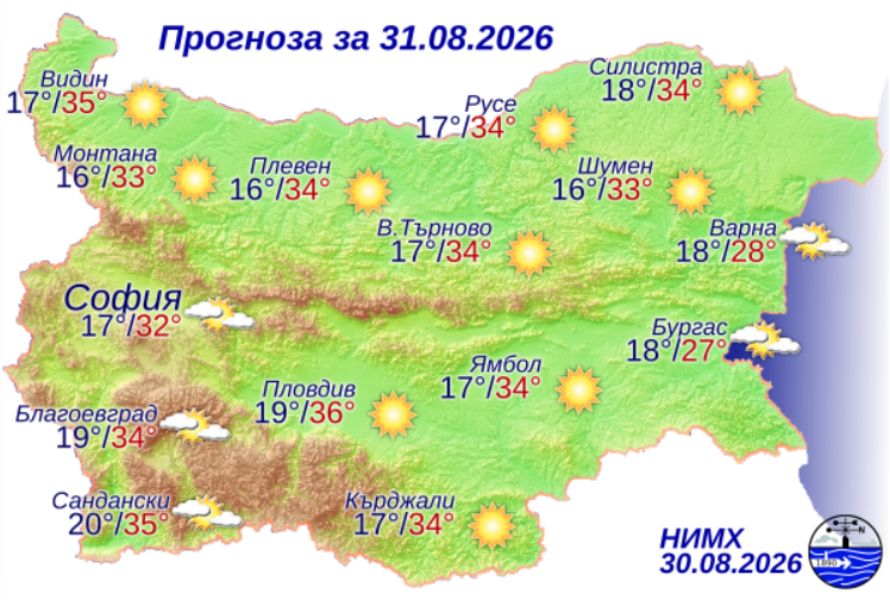 На снимката е показана метеорологична карта с прогнозата за времето за 31 август 2026 г.