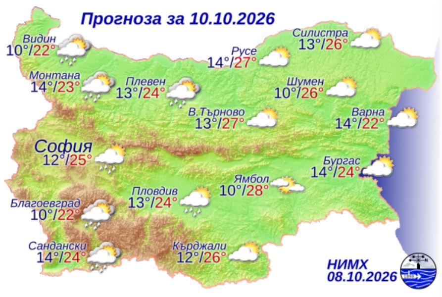 На снимката е показана метеорологична карта с прогнозата за времето за 10 октомври 2026 г.