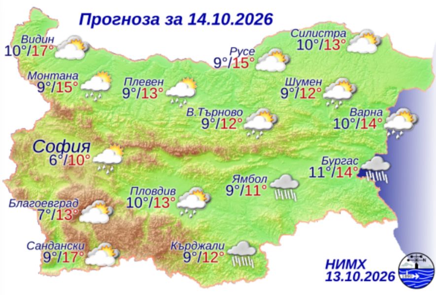 На снимката е показана метеорологична карта с прогнозата за времето за 14 октомври 2026 г.