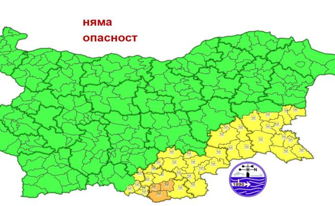 Предупрежденията за обилни валежи според картата на НИМХ
