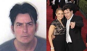 Чарли на червения килим (вдясно) с половинката си и полицейската му снимка от ареста