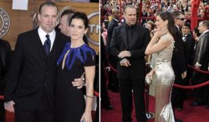 Сандра Бълок със съпруга си на наградите на актьорската гилдия (вляво) и на "Оскарите"