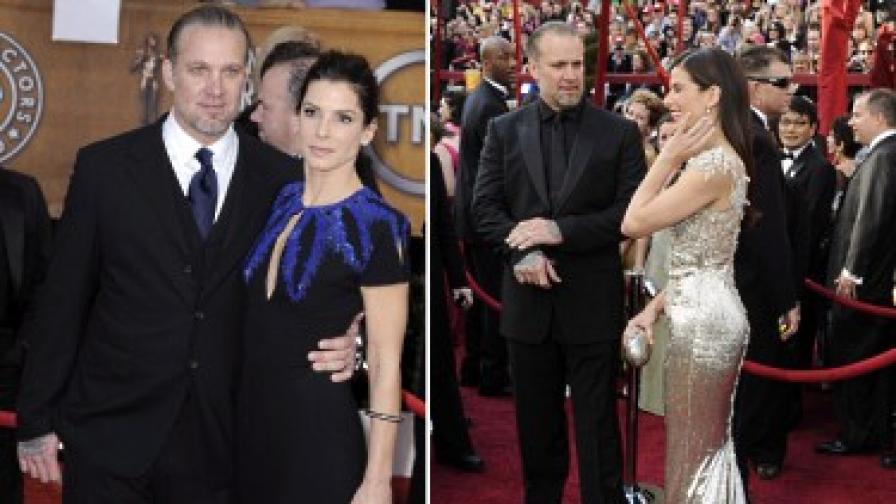 Сандра Бълок със съпруга си на наградите на актьорската гилдия (вляво) и на "Оскарите"