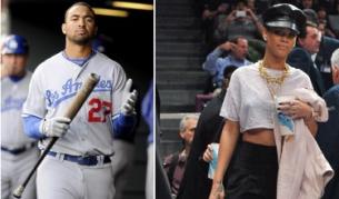 Риана на баскетболен мач (вдясно) и Мат Кемп - на бейзболен