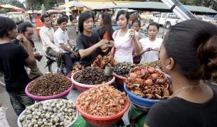 Пържени буболечки на пазар в Камбоджа